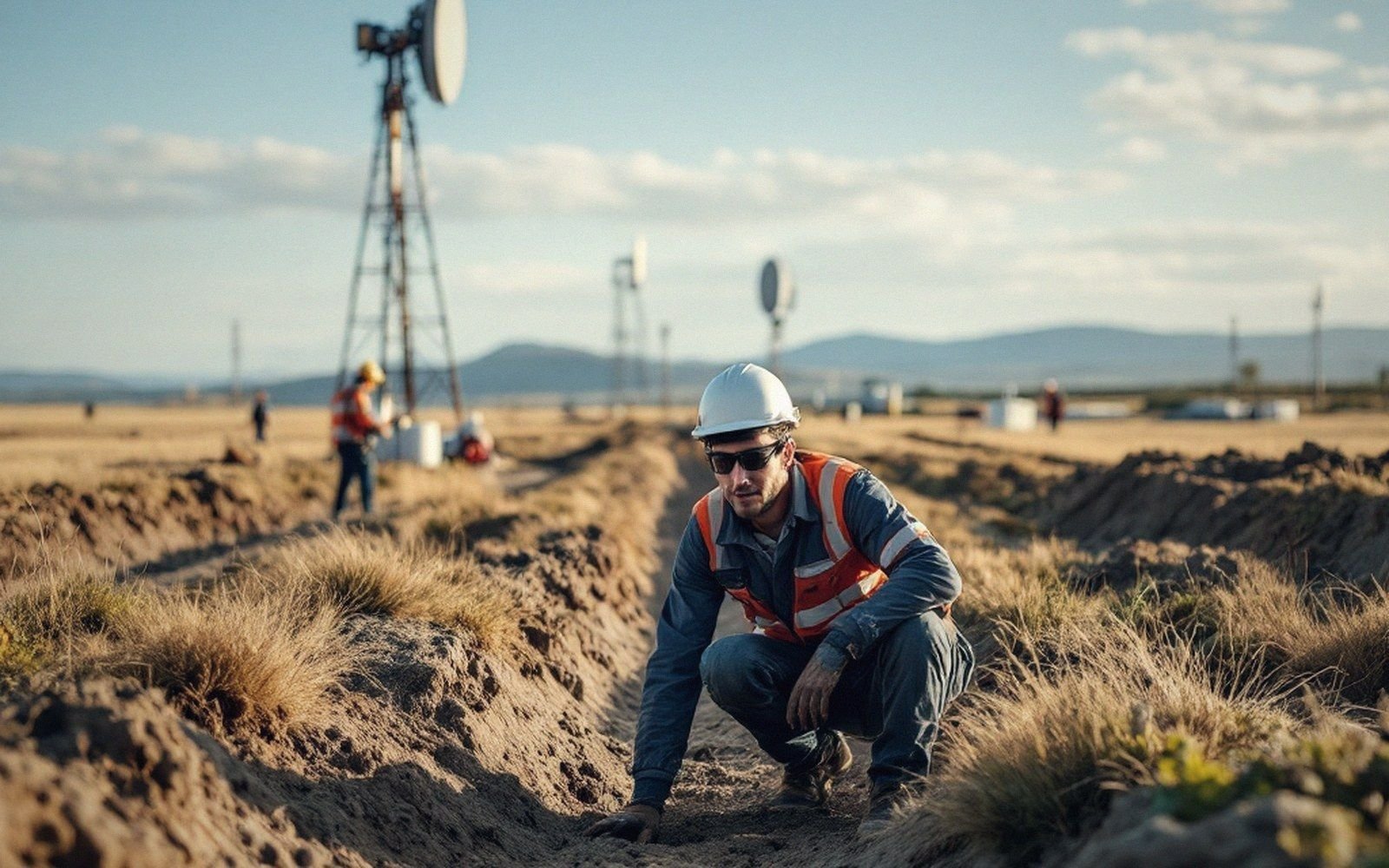 Ground radials being laid in a trench