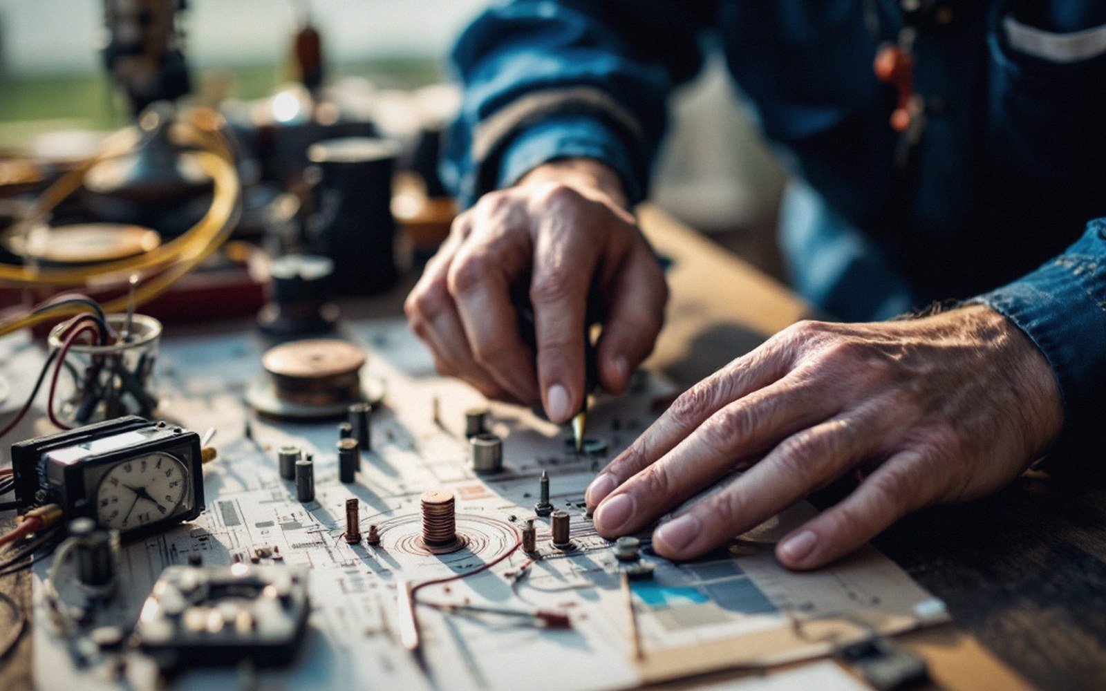Hands assembling small components on a diagram surrounded by tools and a clock