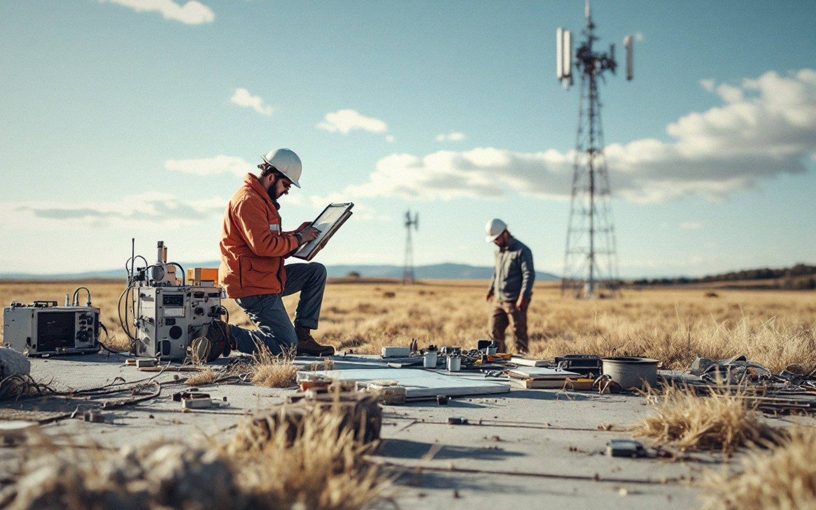Two workers in hard hats inspect equipment near a radio antenna tower in open grassland