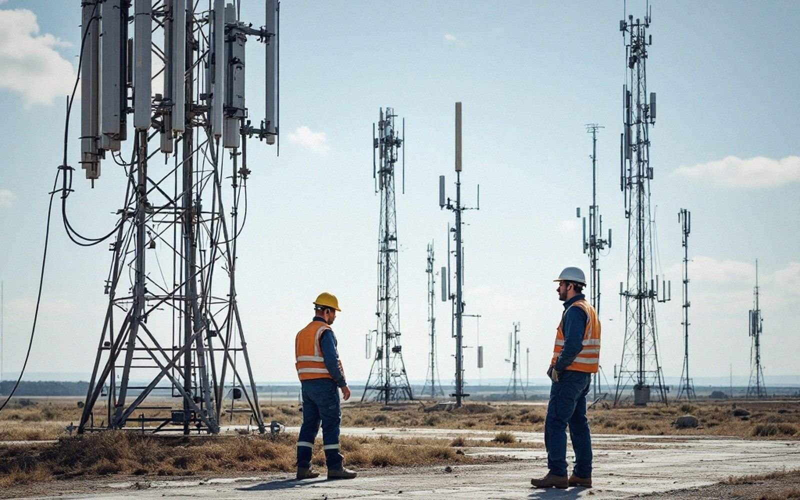 Two workers in hard hats and safety vests stand among multiple cell towers in an open field