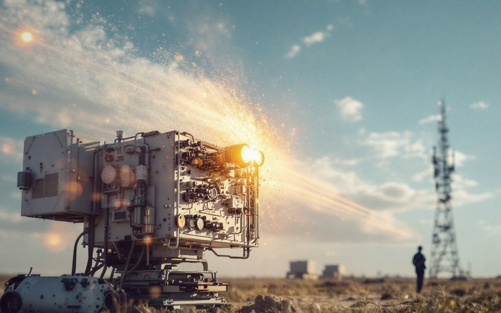 A weapon-like machine emits a bright flash and sparks across an open field near a tower